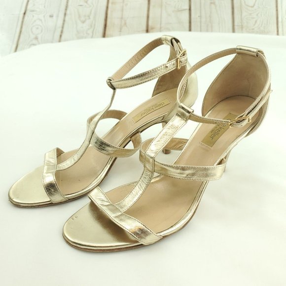 Dee Keller Womens Gold Leather Open Toe Strappy Stiletto Heels Size US 7.5 EU 38 - Picture 2 of 13